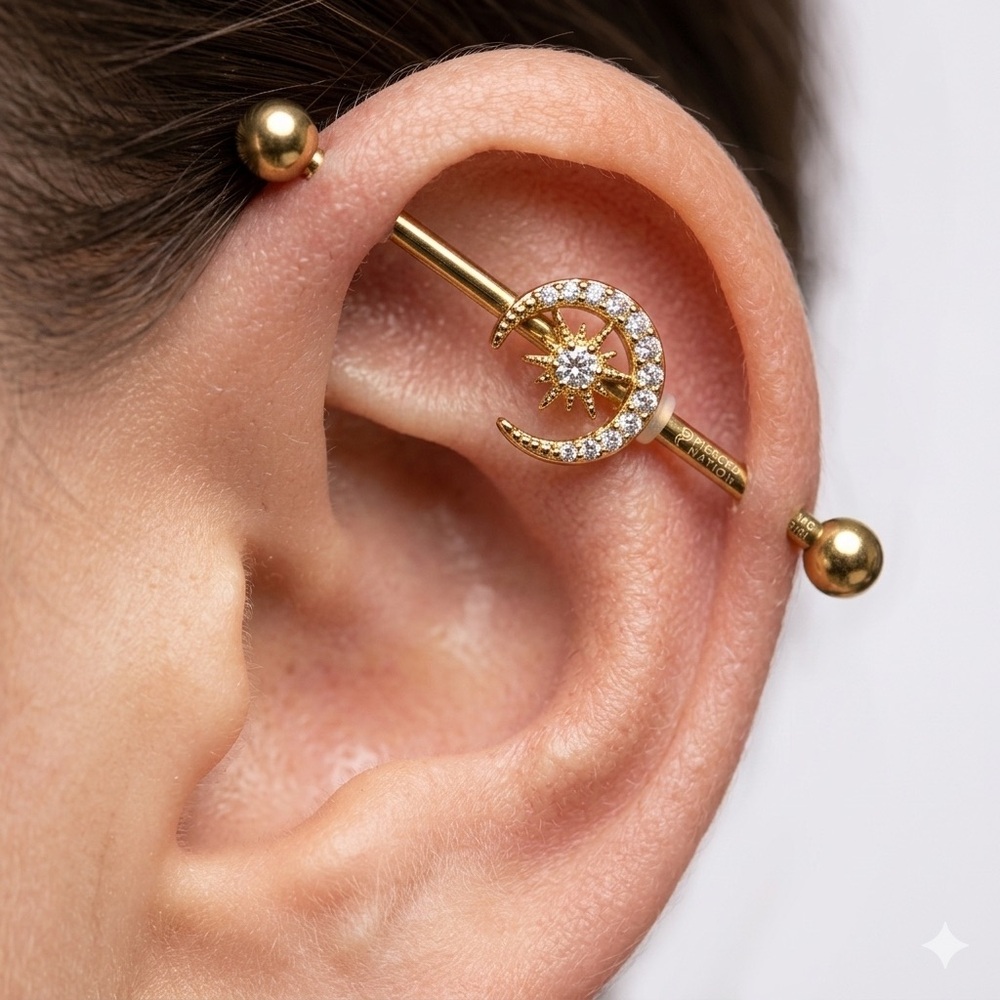 Pierced Nation CZ Sun Moon Industrial Barbell | Gold 14G